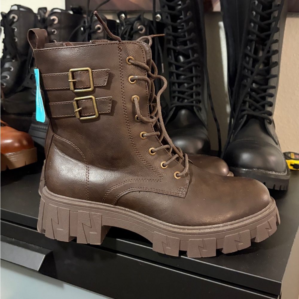 Dark Brown Combat Boots with Buckles